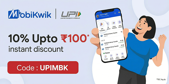 Get 10% OFF* with MobiKwik UPI Use Coupon UPIMBK & Get 10% OFF* with MobiKwik UPI on your bus booking
