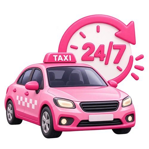 A pink taxi beside a 24/7 clock