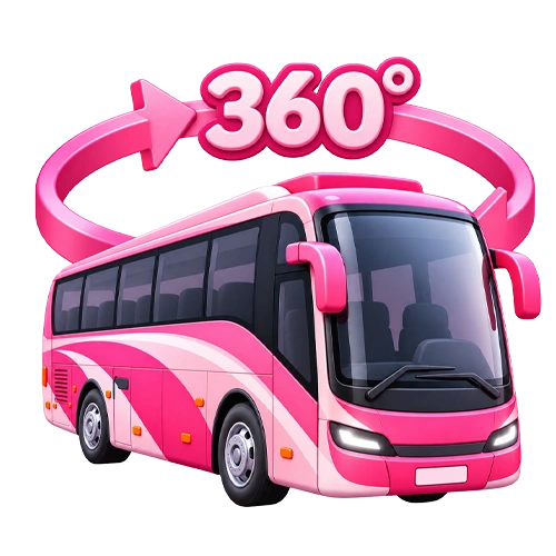 A pink coach encircled by a 360-degree arrow
