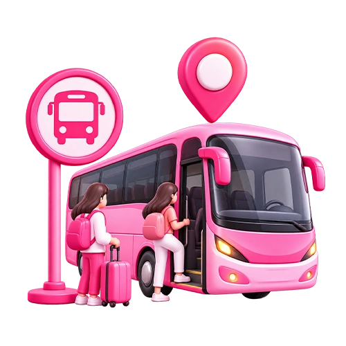 Illustration of a pink AbhiBus coach at a stop with women boarding