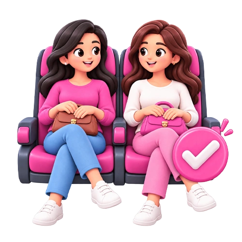 Illustration of two women seated together on a bus, with a checkmark