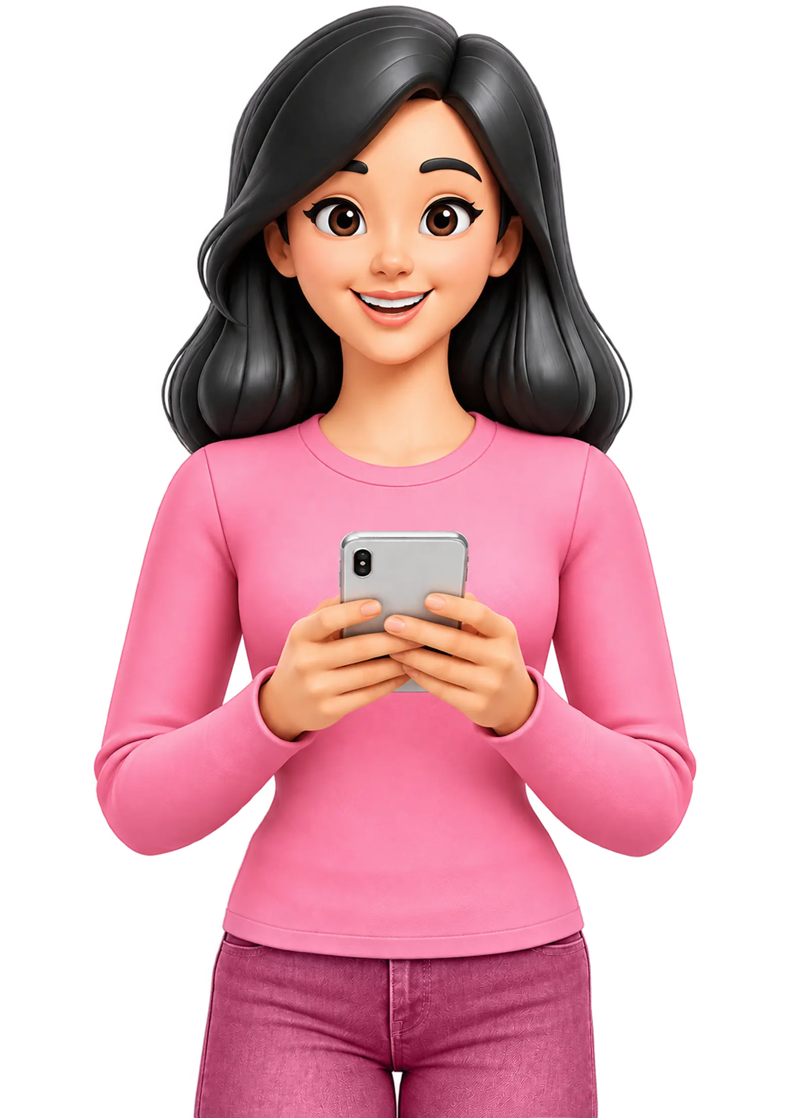 A woman holding a phone, illustrated in the AbhiBus Women Zone style